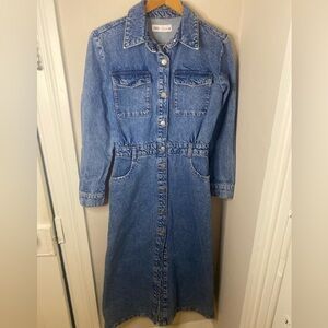 Zara Cotton Denim Maxi Dress Blue full button center slit size XS Y2K Trendy